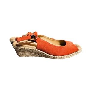 Lands' End Orange Suede Espadrille Wedge Peep Toe Slingback Summer Sandals 10
